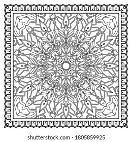 Esquema de patrón floral cuadrado en estilo mehndi. ornamento de garabato en blanco y negro. ilustración de dibujo a mano.