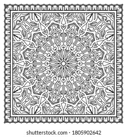 Outline square floral pattern in mehndi style. doodle ornament in black and white. hand draw illustration.