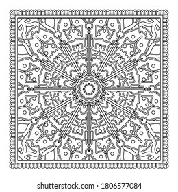 Outline square floral pattern in mehndi style. doodle ornament in black and white. hand draw illustration.