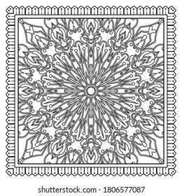 Esquema de patrón floral cuadrado en estilo mehndi. ornamento de garabato en blanco y negro. ilustración de dibujo a mano.