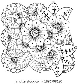 Outline square floral pattern in mehndi style for coloring book page.