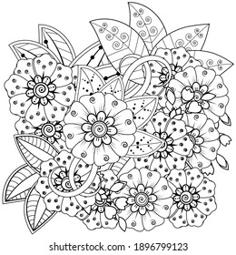 Outline square floral pattern in mehndi style for coloring book page.