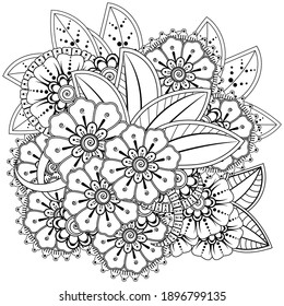 Outline square floral pattern in mehndi style for coloring book page.
