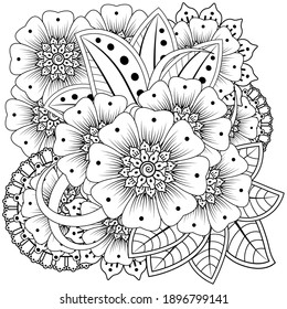 Outline square floral pattern in mehndi style for coloring book page.