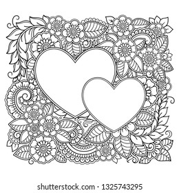Outline square flower pattern in mehndi with heart style for coloring book page. Antistress for adults and children. Doodle ornament in black and white. Hand draw vector illustration.