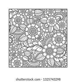 Outline square flower pattern in mehndi style for coloring book page. Antistress for adults and children. Doodle ornament in black and white. Hand draw vector illustration.