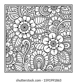 Outline square flower pattern in mehndi style for coloring book page. Antistress for adults and children. Doodle ornament in black and white. Hand draw vector illustration.