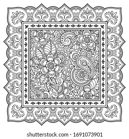 Outline square flower pattern in mehndi style for coloring book page. Antistress for adults and children. Doodle ornament in black and white. Hand draw vector illustration.