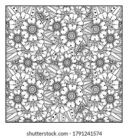 Outline square flower pattern in mehndi style for coloring book page. Antistress for adults and children. Doodle ornament in black and white. Hand draw vector illustration.