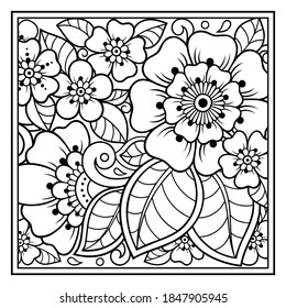 Outline square flower pattern in mehndi style for coloring book page. Antistress for adults and children. Doodle ornament in black and white. Hand draw vector illustration.