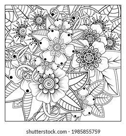 Outline square flower pattern in mehndi style for coloring book page. doodle ornament in black and white. hand draw illustration.