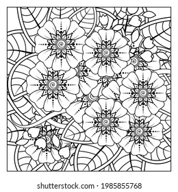 Outline square flower pattern in mehndi style for coloring book page. doodle ornament in black and white. hand draw illustration.