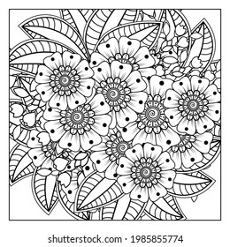 Outline square flower pattern in mehndi style for coloring book page. doodle ornament in black and white. hand draw illustration.