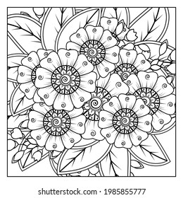 Esquema de patrón de flor cuadrado en estilo mehndi para la página del libro de coloreado. ornamento de garabato en blanco y negro. ilustración de dibujo a mano.