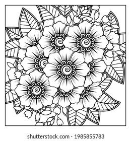 Outline square flower pattern in mehndi style for coloring book page. doodle ornament in black and white. hand draw illustration.