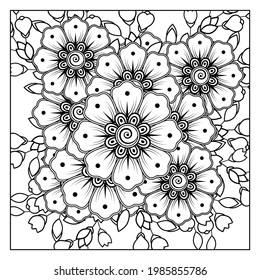 Esquema de patrón de flor cuadrado en estilo mehndi para la página del libro de coloreado. ornamento de garabato en blanco y negro. ilustración de dibujo a mano.