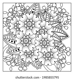 Outline square flower pattern in mehndi style for coloring book page. doodle ornament in black and white. hand draw illustration.