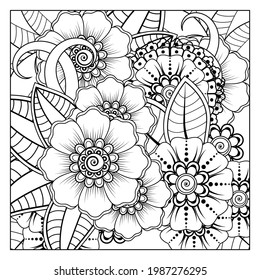 Outline square flower pattern in mehndi style for coloring book page. doodle ornament in black and white. hand draw illustration.