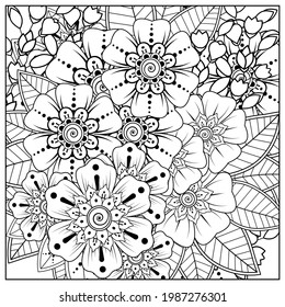 Outline square flower pattern in mehndi style for coloring book page. doodle ornament in black and white. hand draw illustration.
