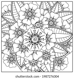 Outline square flower pattern in mehndi style for coloring book page. doodle ornament in black and white. hand draw illustration.