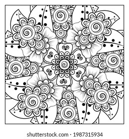 Outline square flower pattern in mehndi style for coloring book page. doodle ornament in black and white. hand draw illustration.