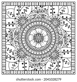 Outline square flower pattern in mehndi style for coloring book page