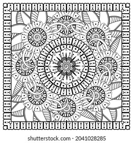 Esquema de patrón de flor cuadrado en estilo mehndi para la página del libro de color