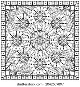 Outline square flower pattern in mehndi style for coloring book page