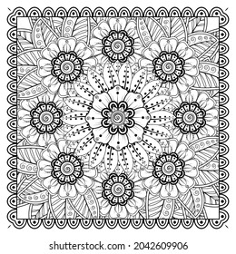 Outline square flower pattern in mehndi style for coloring book page