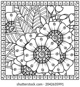 Outline square flower pattern in mehndi style for coloring book page