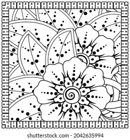 Outline square flower pattern in mehndi style for coloring book page