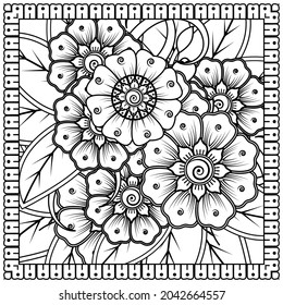 Outline square flower pattern in mehndi style for coloring book page