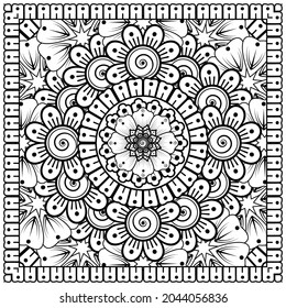 Outline square flower pattern in mehndi style for coloring book page