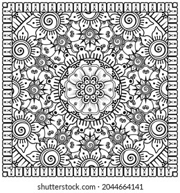 Outline square flower pattern in mehndi style for coloring book page
