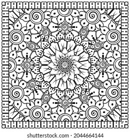 Esquema de patrón de flor cuadrado en estilo mehndi para la página del libro de color