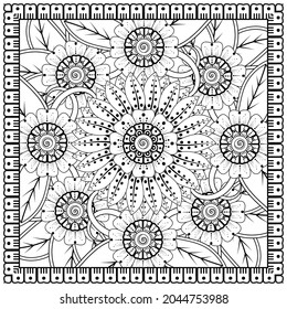 Outline square flower pattern in mehndi style for coloring book page