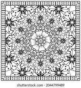 Outline square flower pattern in mehndi style for coloring book page