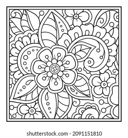 Outline square flower pattern in mehndi style for coloring book page. Antistress for adults and children. Doodle ornament in black and white. Hand draw vector illustration.