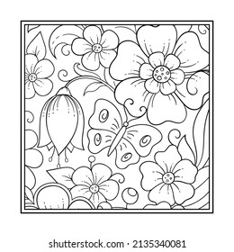 Outline square flower pattern in mehndi style for coloring book page. Antistress for adults and children. Doodle ornament in black and white. Hand draw vector illustration.