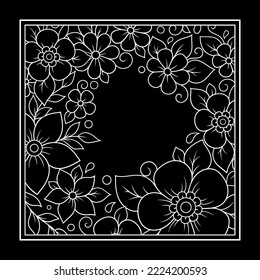 Esquema de patrón de flor cuadrado en estilo mehndi para la página del libro de coloreado. Antiestrés para adultos y niños. Ornamento de garabato en blanco y negro. Dibujar a mano ilustración vectorial.
