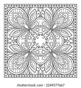 Outline square flower pattern in mehndi style for coloring book page. Antistress for adults and children. Doodle ornament in black and white. Hand draw vector illustration.