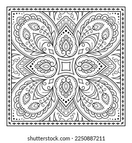 Outline square flower pattern in mehndi style for coloring book page. Antistress for adults and children. Doodle ornament in black and white. Hand draw vector illustration.