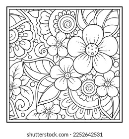 Outline square flower pattern in mehndi style for coloring book page. Antistress for adults and children. Doodle ornament in black and white. Hand draw vector illustration.