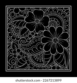 Outline square flower pattern in mehndi style for coloring book page. Antistress for adults and children. Doodle ornament in black and white. Hand draw vector illustration.