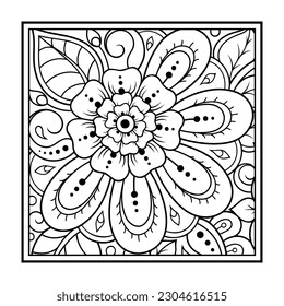 Umrissenes quadratisches Blumenmuster im modischen Stil für die Färbung der Buchseite. Antistress für Erwachsene und Kinder. Doodle-Ornament auf Schwarz-Weiß. Handziehen, Vektorgrafik.