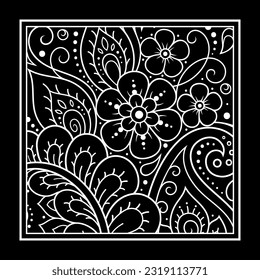 Outline square flower pattern in mehndi style for coloring book page. Antistress for adults and children. Doodle ornament in black and white. Hand draw vector illustration.