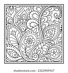 Outline square flower pattern in mehndi style for coloring book page. Antistress for adults and children. Doodle ornament in black and white. Hand draw vector illustration.
