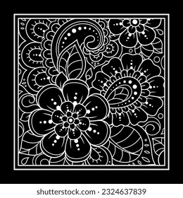Esquema de patrón de flor cuadrado en estilo mehndi para la página del libro de coloreado. Antiestrés para adultos y niños. Ornamento de garabato en blanco y negro. Dibujar a mano ilustración vectorial.