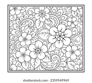 Outline square flower pattern in mehndi style for coloring book page. Antistress for adults and children. Doodle ornament in black and white. Hand draw vector illustration.