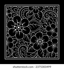 Outline square flower pattern in mehndi style for coloring book page. Antistress for adults and children. Doodle ornament in black and white. Hand draw vector illustration.